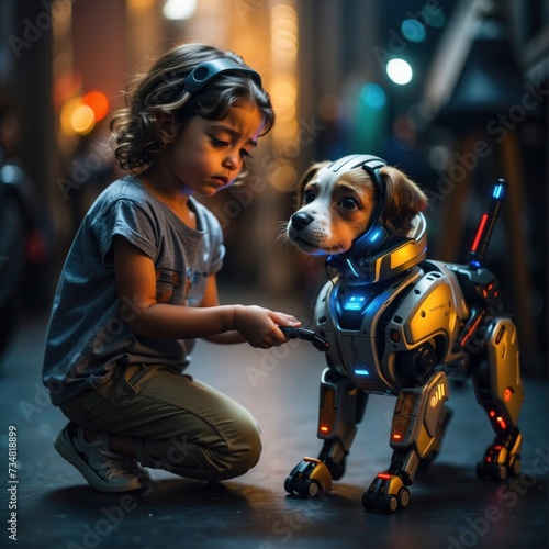 On a street illuminated by colored lights, a boy encounters a robotic dog. The environment is magical and futuristic, showing a harmonious interaction between humans and technology.