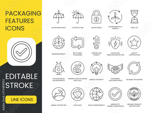 Packaging Features Line Icons Set in Vector, Environmentally Friendly Packaging and UV Protection, Shelf Life or Freshness Guarantee and Airtightness, Water Resistance, Shock and Vibration Protection photo