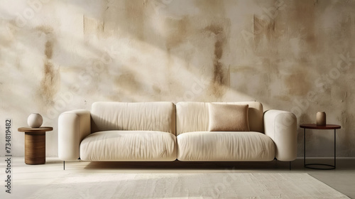  white sofa on beige concrete wall,
