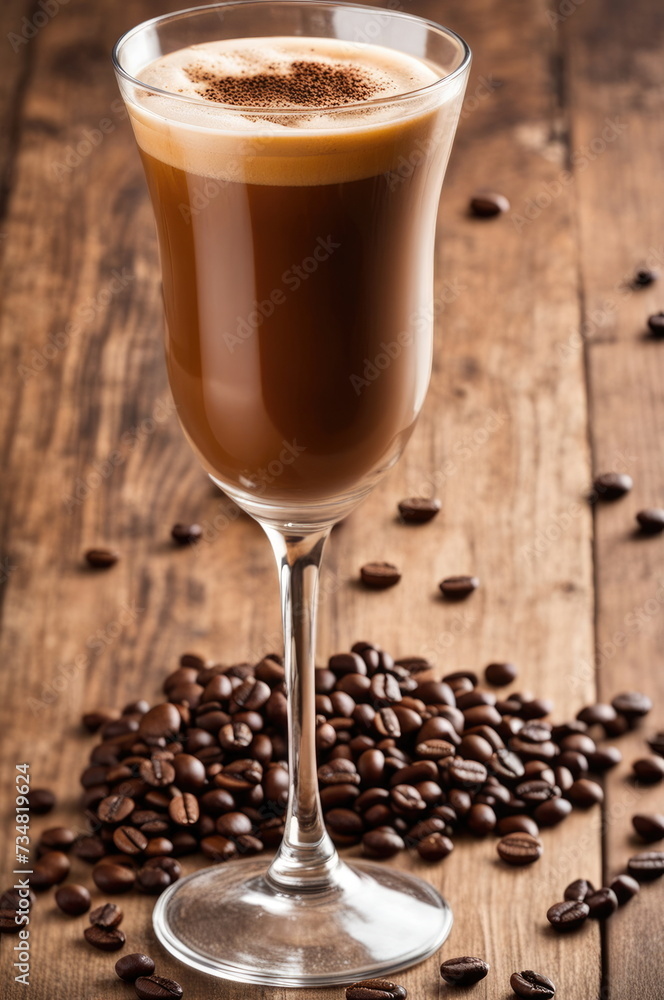 Elegant Glass of Creamy Coffee on Wooden Surface Elegant Glass of Creamy Coffee on Wooden Surface