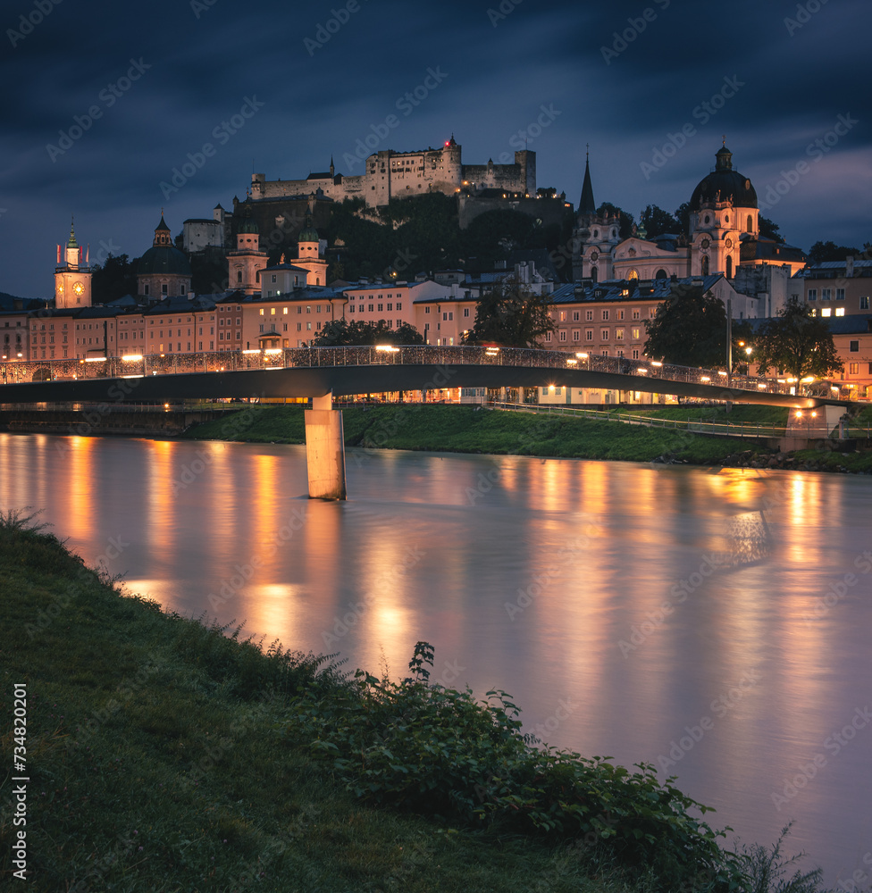 Night view on famous old town of Salzburg, Austria
