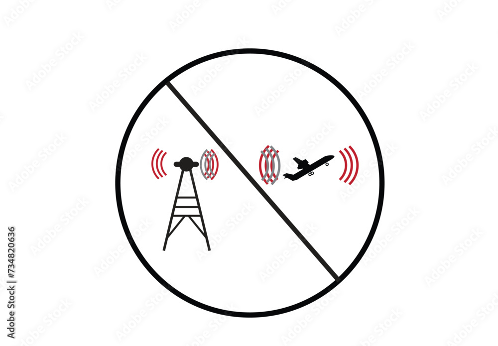 Signal Disruption from tower to plane and vice versa. Editable Clip Art. Signal Disruption from tower to plane and vice versa. Editable Clip Art.