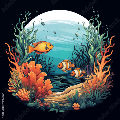 A vector illustration portraying an underwater scene, capturing the beauty and diversity of marine life beneath the ocean's surface.