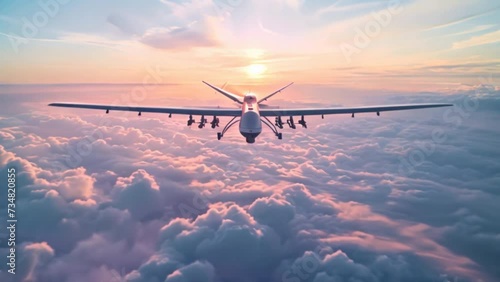 Unmanned military drone flying in the sky above the American technology clouds photo