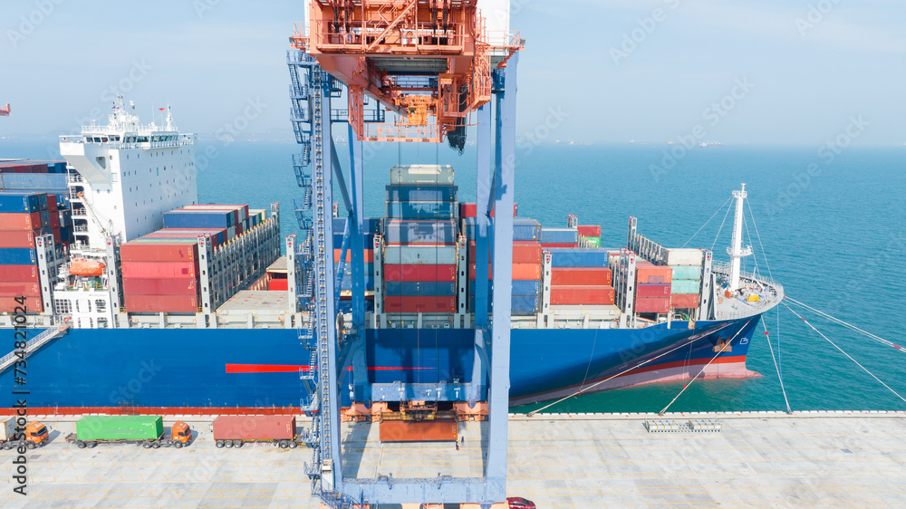 crane loading cargo container from truck to container ship in the ...
