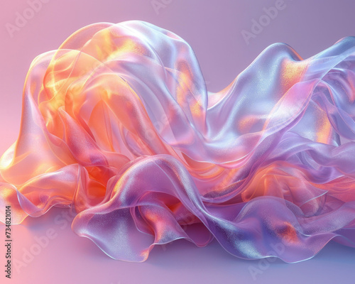 3D hyper realism silk cloth floating isolated pale color background. Futuristic cyberpunk reflective holographic flow.