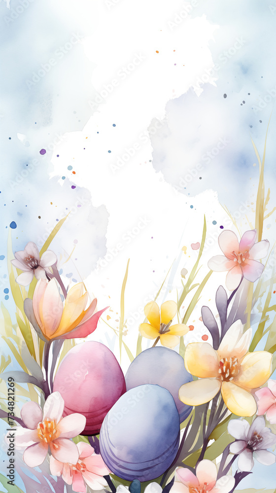 Colorful watercolor painted Easter eggs among blooming spring flowers. Easter greeting card background, phone wallpaper, stories backdrop