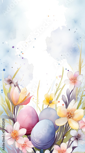 Colorful watercolor painted Easter eggs among blooming spring flowers. Easter greeting card background  phone wallpaper  stories backdrop