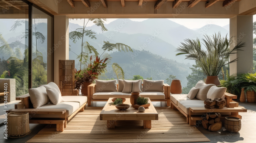 fresh modern living room with wooden furniture and plants in front of mountains,