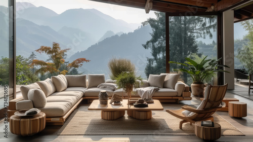 fresh modern living room with wooden furniture and plants in front of mountains, © Planetz