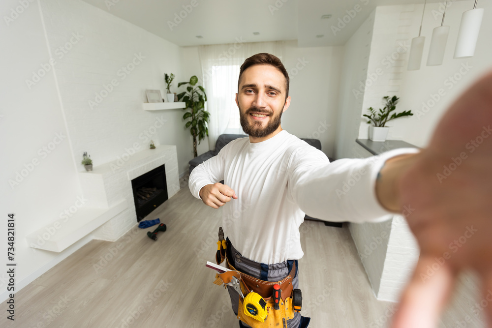 Good day mood build builder construction constructor engineer workman repairman concept. Close up photo portrait of cheerful glad handsome beaming toothy bearded guy make take selfie on smart phone. Good day mood build builder construction constructor engineer workman repairman concept. Close up photo portrait of cheerful glad handsome beaming toothy bearded guy make take selfie on smart phone.