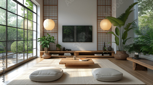 Fototapeta Naklejka Na Ścianę i Meble -  White color wall Background, minimal living room interior decor with a TV cabinet. plain light mock up. wooden furniture.