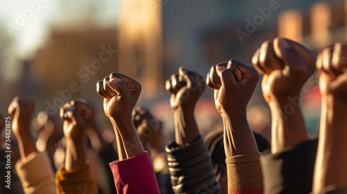 Black women march together in protest. Arms and fists raised in the for activism in the community, realistic photography