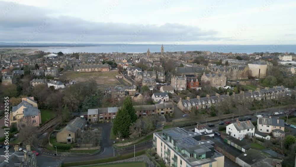 Aerial Pull Back With Saint Andrews Town In Background. Aerial Pull Back With Saint Andrews Town In Background.