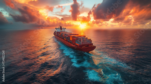 Container ship in the ocean against the sunset sky. Global business logistics, cargo carrier goods import-export, cargo transportation industry concept, sea freight transportation