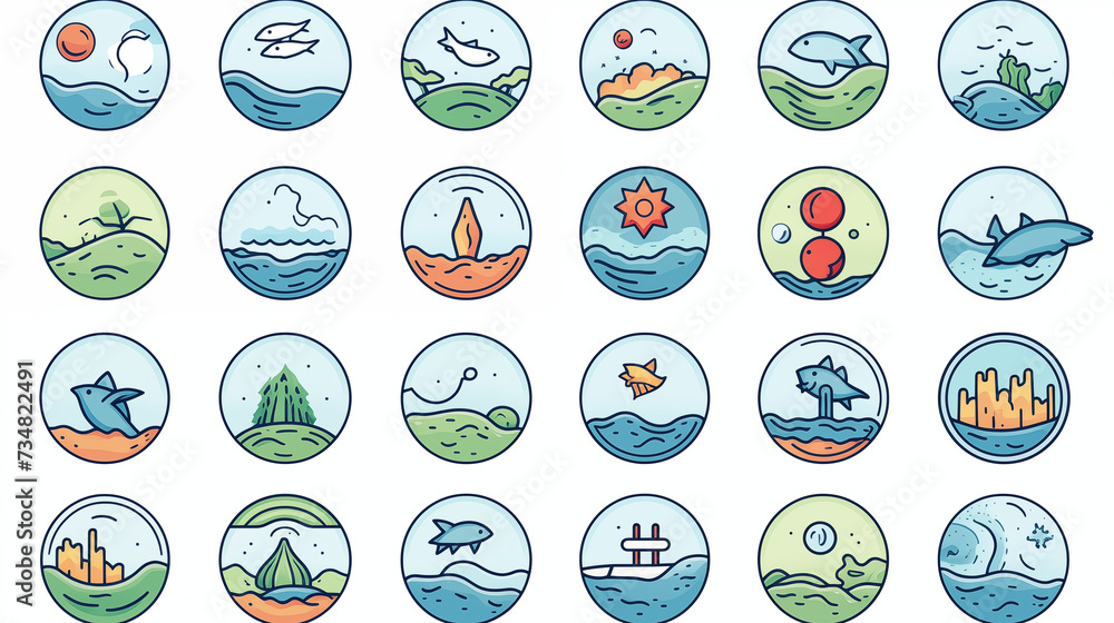 A collection of line and filled style icons showcasing landscapes, emphasizing nature, Earth, ecology, conservation, biodiversity, environment, and outdoor themes. Vector illustration.