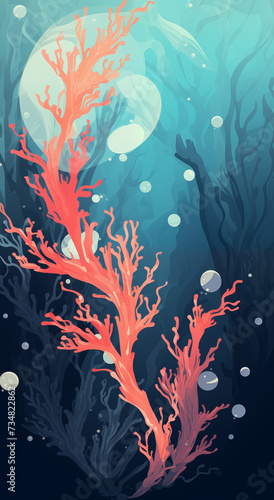A background with seaweed, water bubbles, and coral in the ocean.