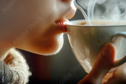 The Moment of Taking a Sip from a Coffee Cup. Following the Steam Rising from the Cup and the Movement of the Hand Bringing It to the Lips, Conveying the Aroma and Flavor of the Coffee.