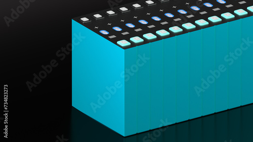 closeup High-capacity Structural battery pack for Electric Vehicle, mass production accumulators high power, energy ev, High Tech Technology, 3D Render Graphic photo