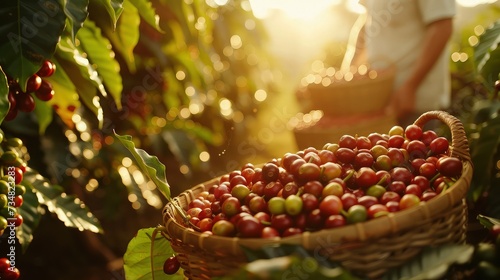 Diligent Labor: Coffee Harvest with Overflowing Baskets and Bountiful Yield