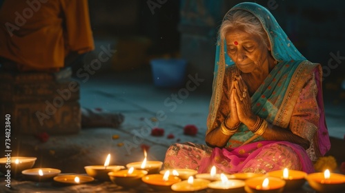 Old indian woman pray with candles. Night shot