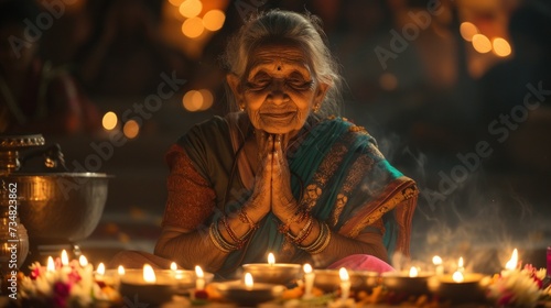 Old indian woman pray with candles. Night shot photo