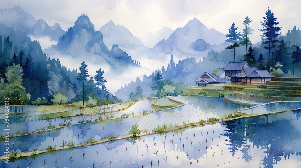 Light Watercolors, Rice fields, seedlings, rain, terraces on vietnam 