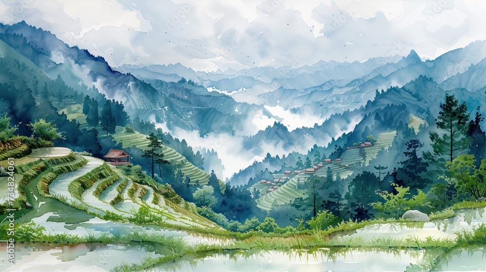 Light Watercolors, Rice fields, seedlings, rain, terraces on vietnam  - obrazy, fototapety, plakaty 