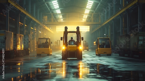 Forklifts in an industrial warehouse, in the style of photo-realistic landscapes, AI Image Generative