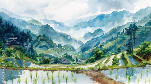 Light Watercolors, Rice fields, seedlings, rain, terraces on vietnam 