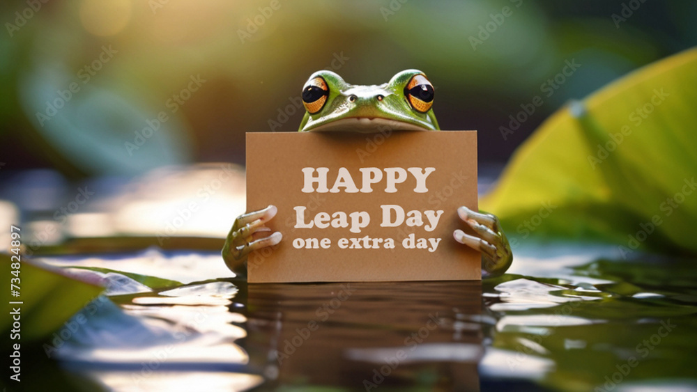 Cute frog holding banner with text. Leap day, one extra day - leap year 29 February  - obrazy, fototapety, plakaty 