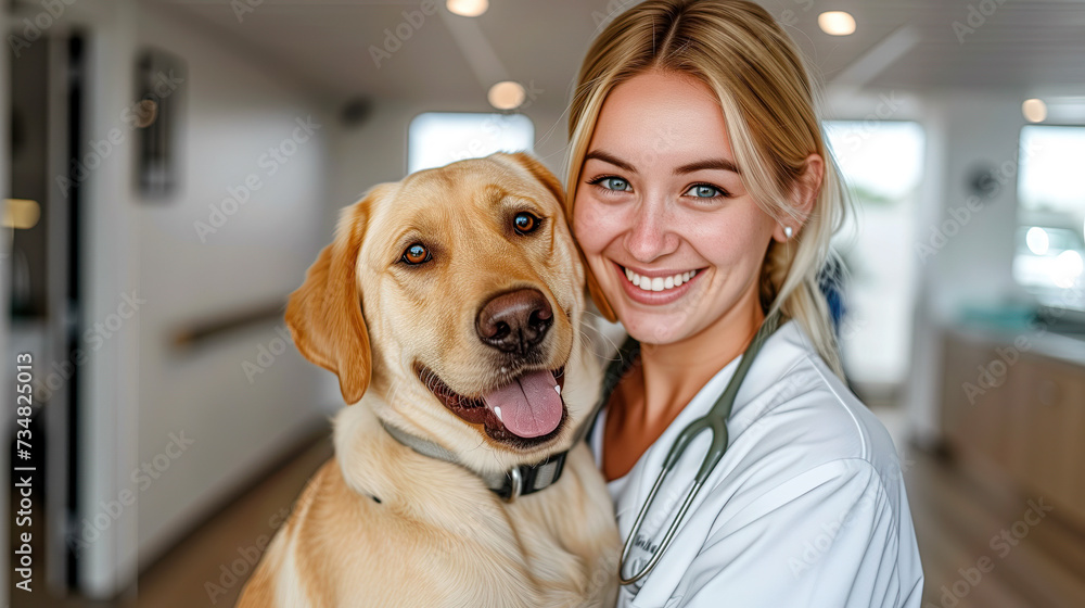A smiling  female veterinarian in scrubs while embracing a happy dog.