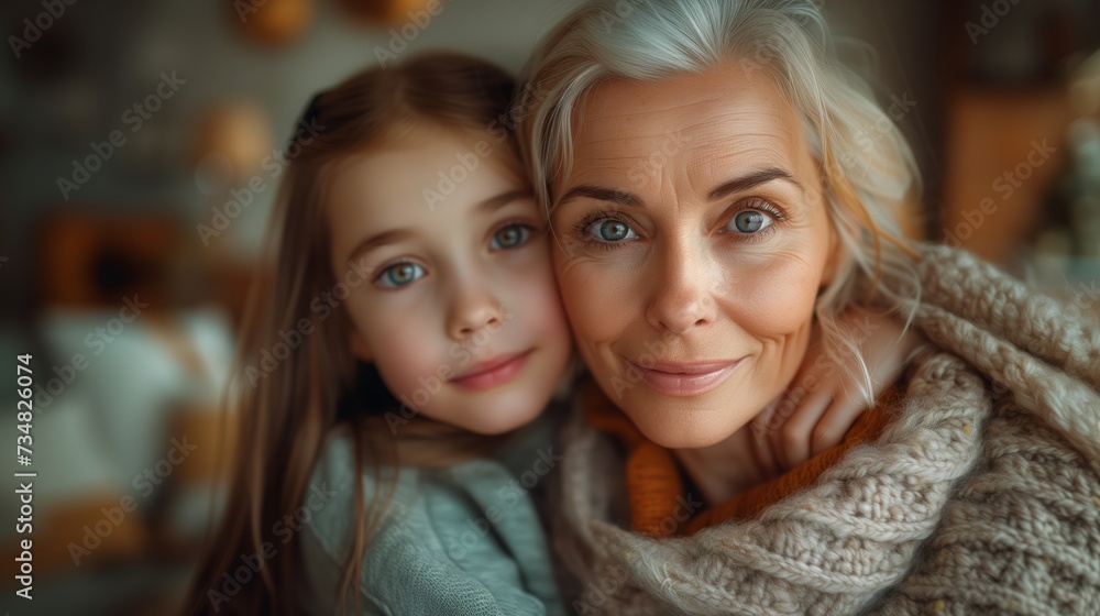 Portrait of joyful positive teenage girl and grandma together show family love Portrait of joyful positive teenage girl and grandma together show family love