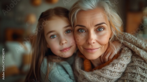 Portrait of joyful positive teenage girl and grandma together show family love