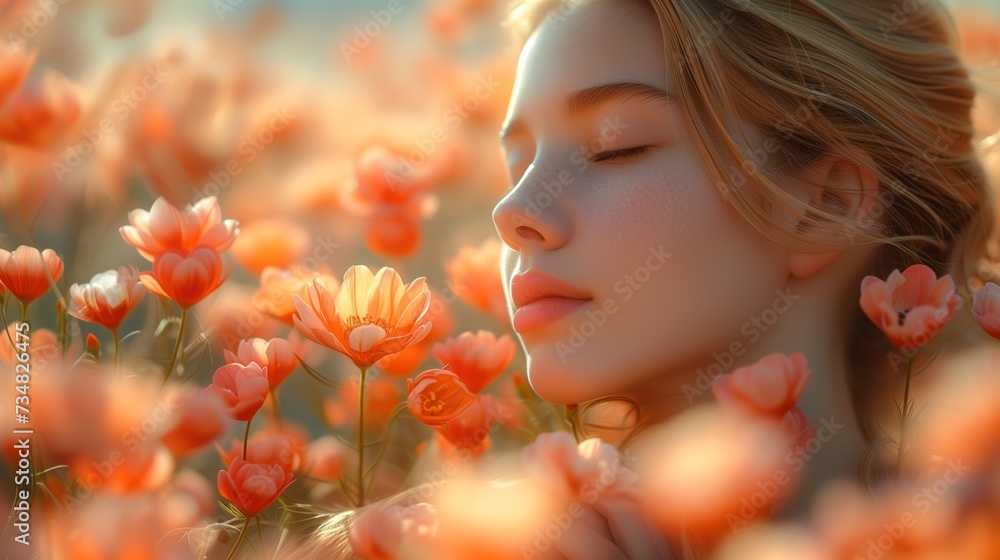 Portrait beautiful young woman model with flowers posing on pink flowers background. Spring concept Portrait beautiful young woman model with flowers posing on pink flowers background. Spring concept