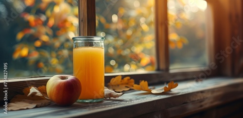 an apple pickle, pumpkin, apple, and pumpkin juice sitting by a window.
