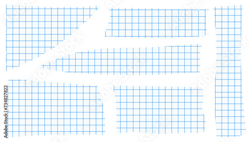 Collection of torn pieces of paper in a cell on an isolated background. Set of white pieces of notebook paper, torn out, and square sheets with a cell. Elements for collages, banner designs, etc.
