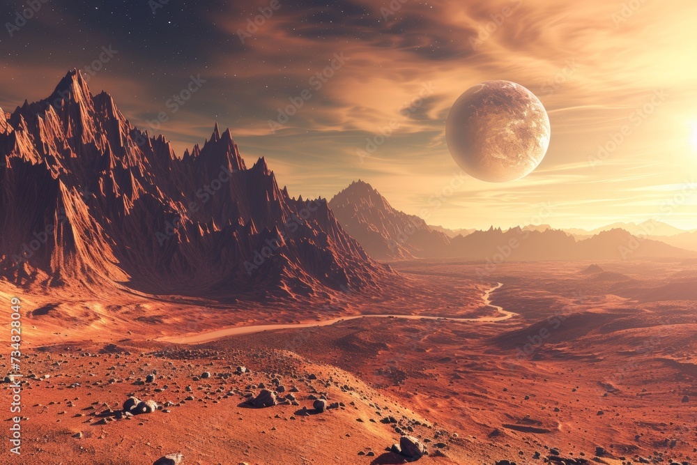 mars the red planet - landscape with desert and mountains. Generative AI
