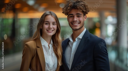 A young woman in brown trousers and a white shirt stands smiling back to back...