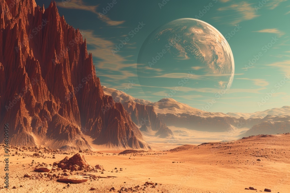 mars the red planet - landscape with desert and mountains. Generative AI