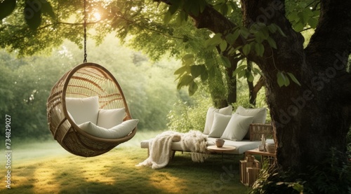 an outdoor lounge chair and tree in a backyard