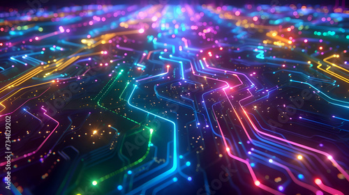 A colorful neon digital landscape of intricate circuitry glowing lines of code weaving through a vast network of processors. Technology background.