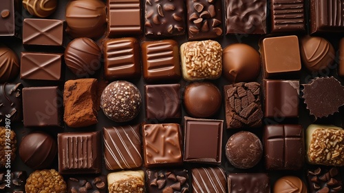 Top view of a pile of chocolate bars, assorted varieties, stacked neatly, rich brown hues