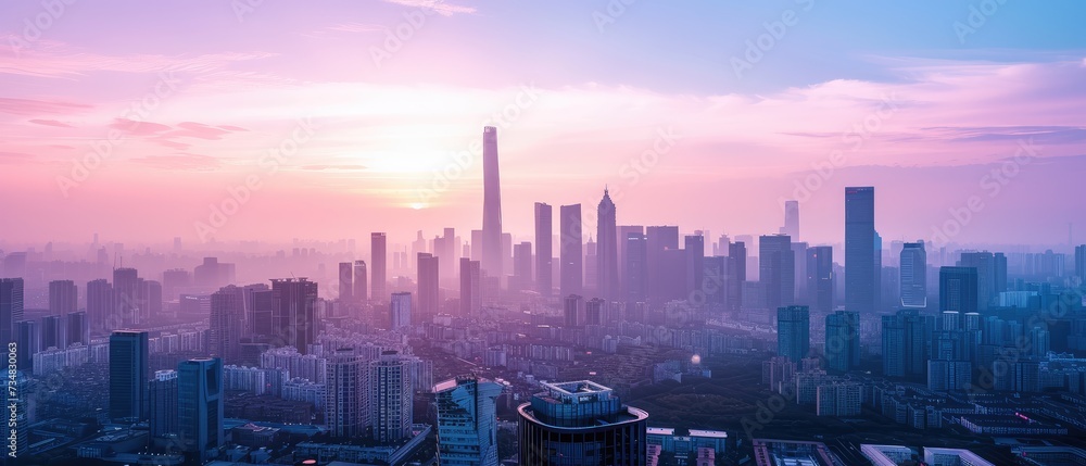 Fototapeta premium Sunrise Over Urban Skyline in Business District