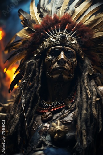 Portrait of fearsome shaman in feather headwear.