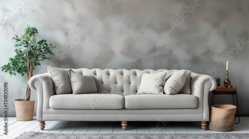 white sofa on gray wall, modern living room interior