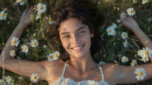 A young beautiful woman with dark hair lies on her back in a field of daisies...
