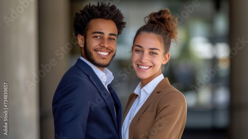 A young woman in brown trousers and a white shirt stands smiling back to back...