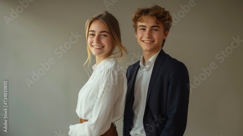 A young woman in brown trousers and a white shirt stands smiling back to back...