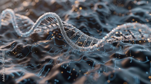 DNA double helix intertwined with digital AI elements © lamphun